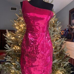Pink Sequin One-Shoulder Dress